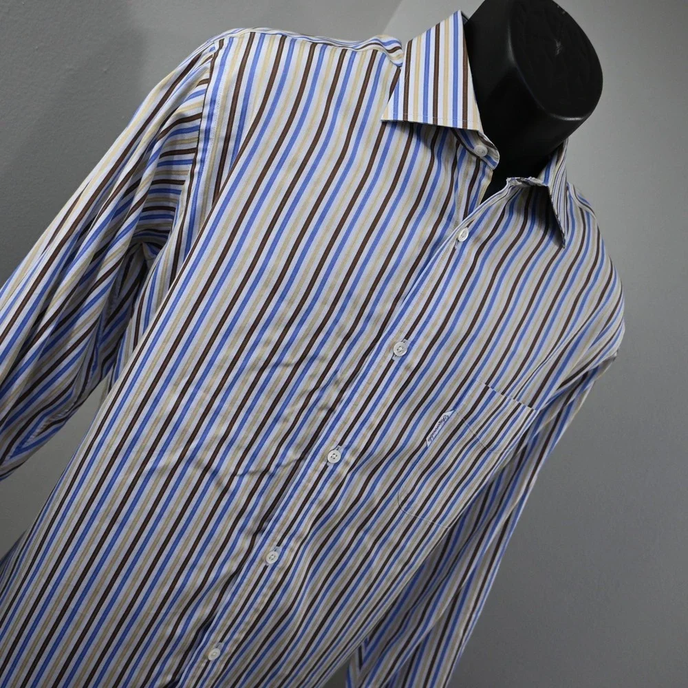 Façonnable Button Up Mens 16 Large Blue Brown Tan Striped Long Sleeve USA MADE